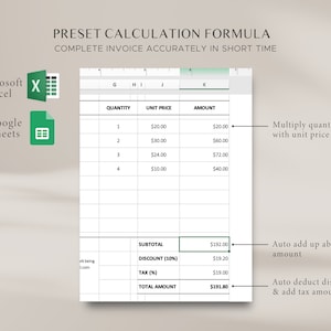 Pode incluir: Uma folha de c&aacute;lculo com uma f&oacute;rmula para calcular os totais das faturas. A folha de c&aacute;lculo mostra colunas para a quantidade, o pre&ccedil;o unit&aacute;rio e o montante. A f&oacute;rmula &eacute; explicada no texto abaixo da folha de c&aacute;lculo. O texto diz "Multiplicar a quantidade pelo pre&ccedil;o unit&aacute;rio", "Somar automaticamente o montante acima" e "Descontar automaticamente o desconto e adicionar o IVA".