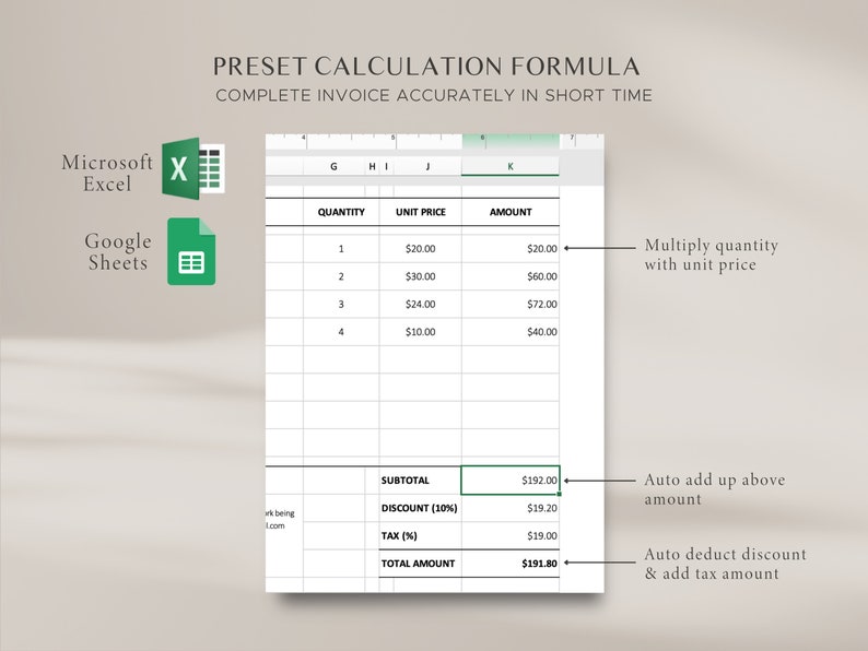 Pode incluir: Uma folha de c&aacute;lculo com uma f&oacute;rmula para calcular os totais das faturas. A folha de c&aacute;lculo mostra colunas para a quantidade, o pre&ccedil;o unit&aacute;rio e o montante. A f&oacute;rmula &eacute; explicada no texto abaixo da folha de c&aacute;lculo. O texto diz "Multiplicar a quantidade pelo pre&ccedil;o unit&aacute;rio", "Somar automaticamente o montante acima" e "Descontar automaticamente o desconto e adicionar o IVA".