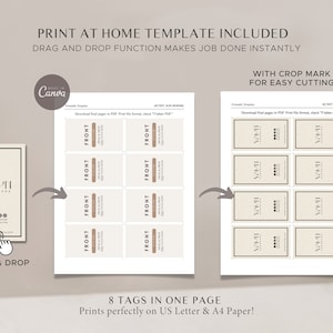 May include: Printable template for 8 product tags with a beige background and black text. The template includes a crop mark for easy cutting. The text on the template reads "VOCH HANDMADE".