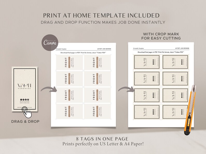May include: Printable template for 8 product tags with a beige background and black text. The template includes a crop mark for easy cutting. The text on the template reads "VOCH HANDMADE".