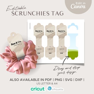 Bewerkbare scrunchies-hanglabel met onderhoudsinstructies | Prijskaartje voorbereiding knutselshow | Cadeaukaartje voor bruidsmeisje | Svg Pdf Dxf Png Canva-sjabloon