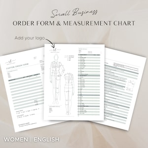 Puede incluir: Un formulario de pedido y una tabla de medidas imprimibles para ropa a medida. El formulario incluye secciones para los datos del cliente, los detalles del pedido y las medidas. La tabla presenta un dibujo de línea del cuerpo de una mujer con medidas etiquetadas.