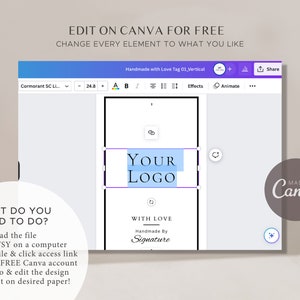 May include: A Canva template for a love tag with the text "Handmade with Love Tag 01 Vertical" at the top. The template has a blue and white color scheme and includes a space for a logo, the text "Your Logo", and the text "With Love Handmade By Signature".