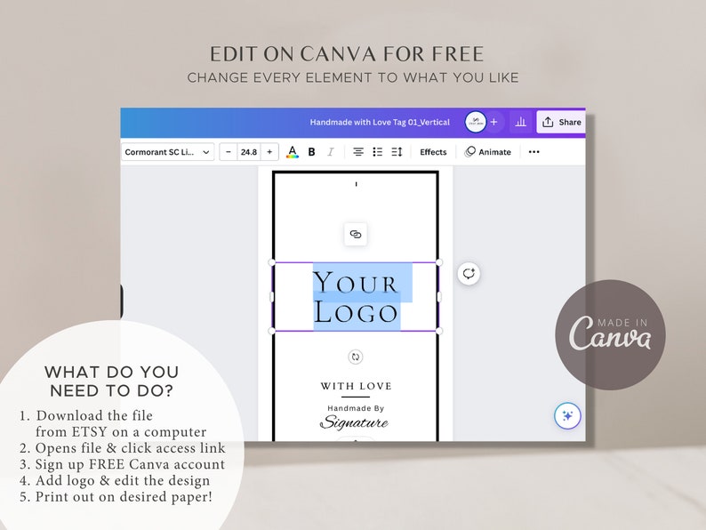 May include: A Canva template for a love tag with the text "Handmade with Love Tag 01 Vertical" at the top. The template has a blue and white color scheme and includes a space for a logo, the text "Your Logo", and the text "With Love Handmade By Signature".