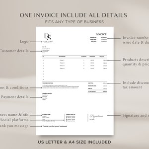 Pode incluir: Um modelo de fatura preto e branco com o texto "ONE INVOICE INCLUDE ALL DETAILS" e "FITS ANY TYPE OF BUSINESS". O modelo inclui se&ccedil;&otilde;es para o logotipo, os detalhes do cliente, os termos e condi&ccedil;&otilde;es, os detalhes de pagamento, o nome e as informa&ccedil;&otilde;es da empresa, as plataformas sociais, a mensagem de agradecimento, o n&uacute;mero da fatura, a data de emiss&atilde;o, a data de vencimento, a descri&ccedil;&atilde;o dos produtos, a quantidade e o pre&ccedil;o, o desconto e o valor do imposto, e a assinatura e o nome.
