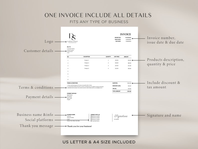 Pode incluir: Um modelo de fatura preto e branco com o texto "ONE INVOICE INCLUDE ALL DETAILS" e "FITS ANY TYPE OF BUSINESS". O modelo inclui se&ccedil;&otilde;es para o logotipo, os detalhes do cliente, os termos e condi&ccedil;&otilde;es, os detalhes de pagamento, o nome e as informa&ccedil;&otilde;es da empresa, as plataformas sociais, a mensagem de agradecimento, o n&uacute;mero da fatura, a data de emiss&atilde;o, a data de vencimento, a descri&ccedil;&atilde;o dos produtos, a quantidade e o pre&ccedil;o, o desconto e o valor do imposto, e a assinatura e o nome.