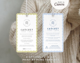 Editable Knitting & Crochet Care Tags: Washing Instructions for Handmade Items (Canva)