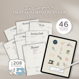 May include: A digital sewing planner with 46 different layouts and 208 free stickers. The planner is shown on a tablet with a stylus. The planner includes a range of pages for planning, tracking, and organising sewing projects. The cover of the planner features a variety of sewing-themed illustrations.