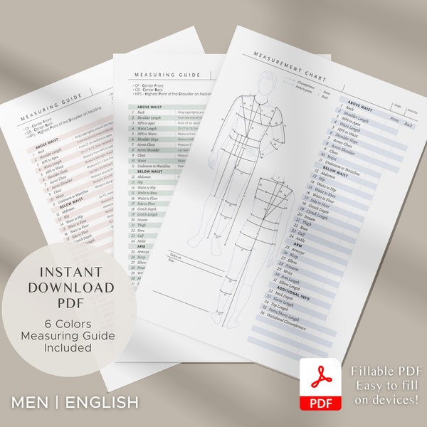 Printable Men Body Size Chart | Pastel Fillable Men Measurement Form | PDF Files & Goodnotes Planner