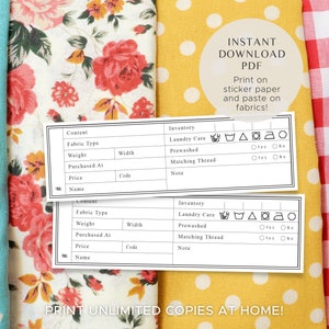 May include: Two printable fabric inventory tags with fields for fabric type, weight, width, purchased at, price, code, name, laundry care, prewashed, matching thread, and note. The tags are on a background of colorful fabrics with polka dots, floral patterns, and gingham.
