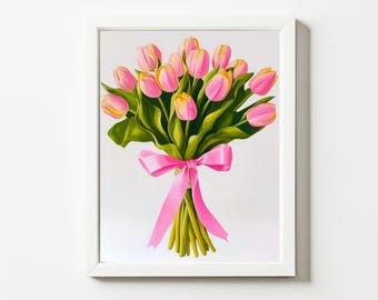 Pintura em aquarela de tulipas cor-de-rosa com laço rosa, arte de parede com flores em tons pastel, download digital de arte floral para a Páscoa, arte floral para imprimir.