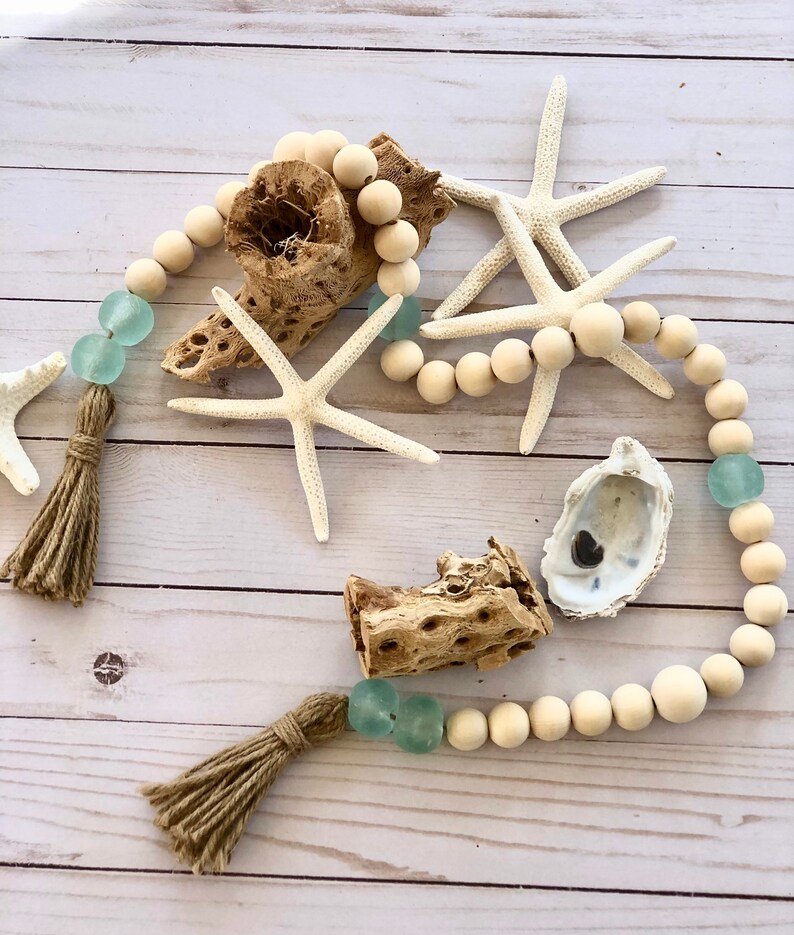 Seaglass Bead Garland / Wood Bead Garland / Coastal Decor / - Etsy