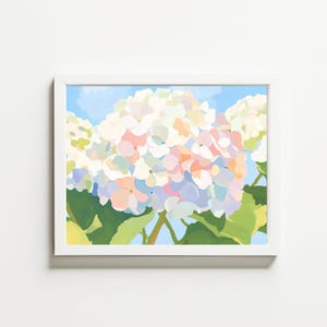 K&ouml;nnte beinhalten: Gerahmter Kunstdruck mit einer Nahaufnahme einer Hortensienbl&uuml;te in voller Bl&uuml;te. Das Kunstwerk zeigt eine lebendige Mischung aus Farben, darunter Wei&szlig;, Rosa, Blau und Gr&uuml;n, vor einem hellblauen Himmel. Der Druck ist in einem wei&szlig;en Rahmen eingefasst.
