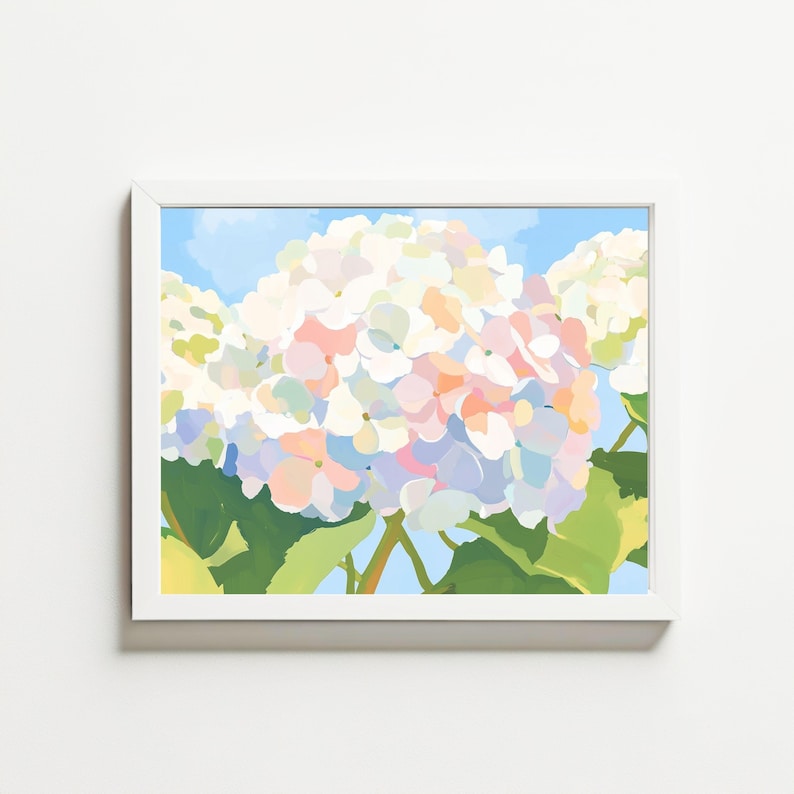K&ouml;nnte beinhalten: Gerahmter Kunstdruck mit einer Nahaufnahme einer Hortensienbl&uuml;te in voller Bl&uuml;te. Das Kunstwerk zeigt eine lebendige Mischung aus Farben, darunter Wei&szlig;, Rosa, Blau und Gr&uuml;n, vor einem hellblauen Himmel. Der Druck ist in einem wei&szlig;en Rahmen eingefasst.