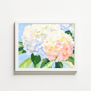 K&ouml;nnte beinhalten: Gerahmter Kunstdruck mit einem Cluster von Hortensien in Wei&szlig;-, Gelb-, Rosa- und Blaut&ouml;nen. Die Blumen sind vor einem hellblauen Hintergrund mit gr&uuml;nen Bl&auml;ttern platziert. Das Kunstwerk ist in einem wei&szlig;en Rahmen eingefasst.