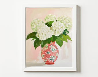 Creme Hortensie Chinoiserie Ingwer Glas Acryl Aquarell Malerei Pastell Blumen Abstrakt Wand Kunst Druck Vintage Sommer Download