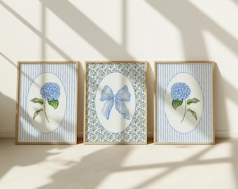 Blaue Hortensie Coquette Schleife Aquarell Druck 3er Set, Grandmillenial Blumen Wand Kunst Druck, Adrette Wanddekoration, Wohnung Dekor