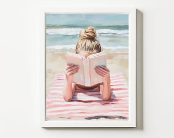 Little Girl Reading Painting Pastel Watercolor Book Lover Beach Wall Art Print Kids Playroom Book Nook Printable Wall Art Love to Read
