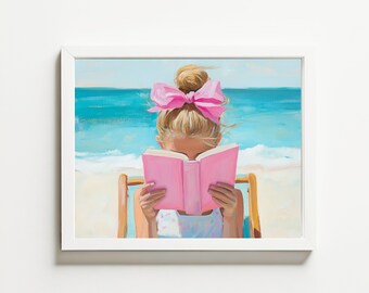 Little Girl Reading Painting Bright Pastel Watercolor Book Lover Beach Wall Art Print Kids Playroom Book Nook Printable Art Love to Read