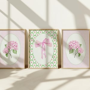 Set of 3 Pink Hydrangea Coquette Bow Watercolor Print, Grandmillennial Wall Art Print, Preppy Wall Decor, Girls Room Nursery Dorm Decor