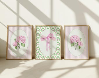 3er Set rosa Hortensie Coquette Schleife Aquarell Druck, Grandmillennial Wand Kunst Druck, Preppy Wanddekoration, Mädchenzimmer Kinderzimmer Wohnheim Dekor