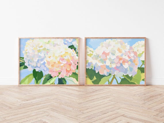 Set of 2 Blue and Pink Hydrangea Watercolor Prints, Grandmillennial Wall Art, Preppy Coastal Grandma