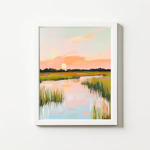 Paysage d&#39;automne, basse altitude des marais, coucher de soleil, peinture pastel, corail côtier de la Caroline, aquarelle abstraite murale impression d&#39;art plage maison téléchargement