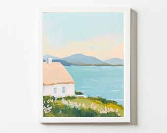 Aquarel print Ierse kusthuisje, strandhuis kunst aan de muur (digitale download)