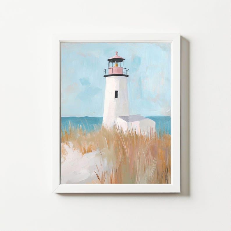Pink Lighthouse Coastal Beach Landscape Painting Pastel Watercolor Sea ...