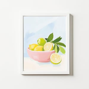 May include: A pink bowl filled with lemons and limes, with green leaves, on a white background.