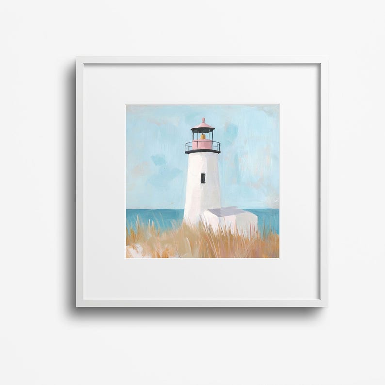 Pink Lighthouse Coastal Beach Landscape Painting Pastel Watercolor Sea ...