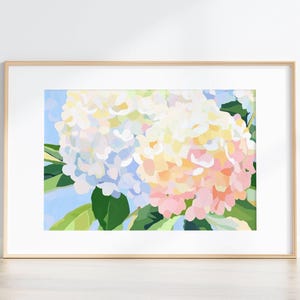 K&ouml;nnte beinhalten: Gerahmter Kunstdruck mit einer Nahaufnahme von zwei Hortensienbl&uuml;ten. Die Bl&uuml;ten zeigen eine Mischung aus Wei&szlig;, Hellblau und Rosa, mit gr&uuml;nen Bl&auml;ttern und einem hellblauen Hintergrund. Das Kunstwerk ist in einem Holzrahmen.