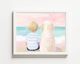 Niño y perro golden retriever, playa costera, océano, paisaje colorido, pintura acrílica, acuarela pastel, arte abstracto de pared, impresión, casa de playa
