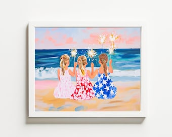 4th of July Sparklers Beach Print, Patriotic Girls Watercolor Art (Digital Download)