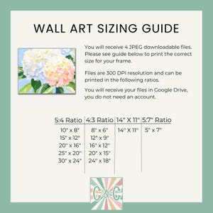 K&ouml;nnte beinhalten: Ein Wandkunst-Gr&ouml;&szlig;enf&uuml;hrer mit einem Blumenbild. Der Leitfaden enth&auml;lt Verh&auml;ltnisse und Abmessungen in Zoll zum Drucken. Der Text auf dem Leitfaden lautet "WALL ART SIZING GUIDE" und "You will receive 4 JPEG downloadable files."
