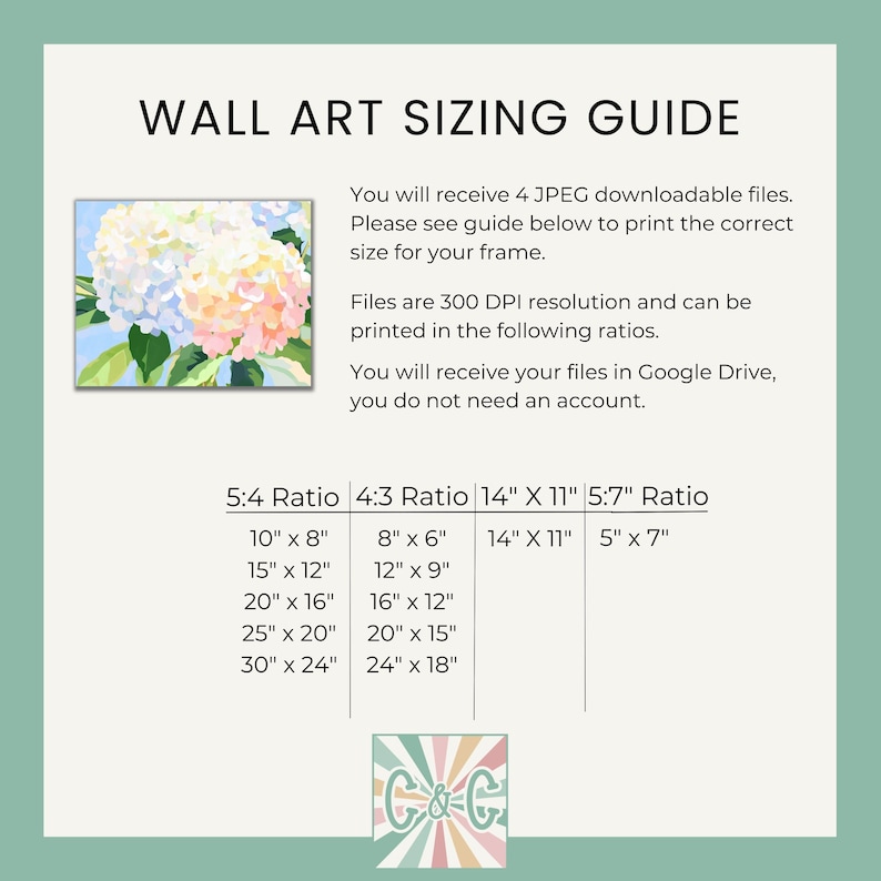 K&ouml;nnte beinhalten: Ein Wandkunst-Gr&ouml;&szlig;enf&uuml;hrer mit einem Blumenbild. Der Leitfaden enth&auml;lt Verh&auml;ltnisse und Abmessungen in Zoll zum Drucken. Der Text auf dem Leitfaden lautet "WALL ART SIZING GUIDE" und "You will receive 4 JPEG downloadable files."