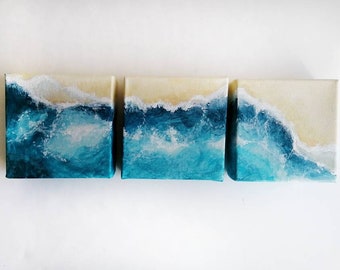 Original Acrylic Painting, Set of 3, 4x4" Box Canvases, Ocean Waves, Scottish Coastline Art.