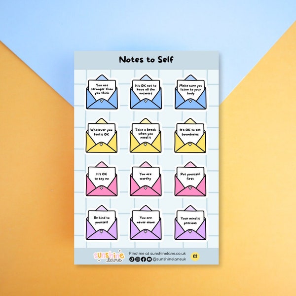 Notes to self affirmation stickers, self care planner stickers, mental health sticker - positive messages and reminders for your wellbeing