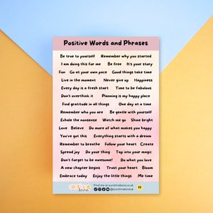 Positive Words and Phrases Sticker Sheet - planner stickers, yellow and pink watercolour, journaling decor, scrapbooking elements, quotes