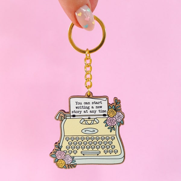 Typewriter Wooden Keyring - You can start writing a new Story at any time - self-care gift, vintage typewriter, floral keychain