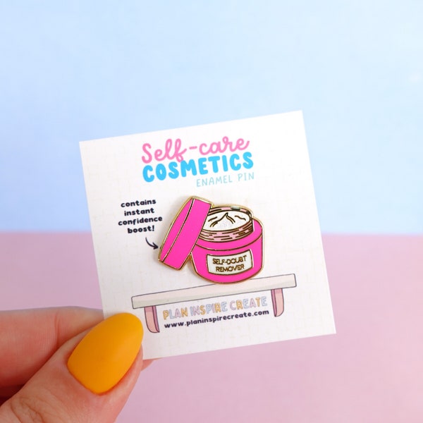 Self-Doubt Remover Gold Enamel Pin - self care gift, pink and white pin badge with glitter accent