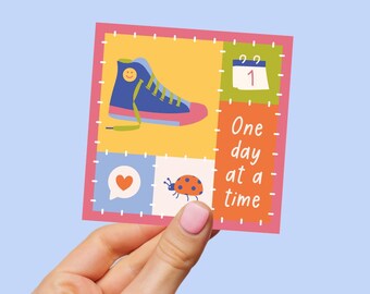 One Day At A Time Patchwork Die-Cut Sticker - Retro Sneaker Self-Care Vinyl Sticker