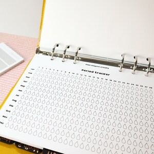 May include: A white page with a period tracker chart. The chart has a column for each month of the year and a row for each day of the month. Each day is represented by a small teardrop shape. The chart is titled "Period Tracker" and is labeled "Plan Inspire Create".