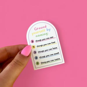 54321 Grounding Sticker - features grounding exercise to help with stress and anxiety, anxiety toolkit, mental health stickers