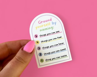 54321 Grounding Sticker - features grounding exercise to help with stress and anxiety, anxiety toolkit, mental health stickers