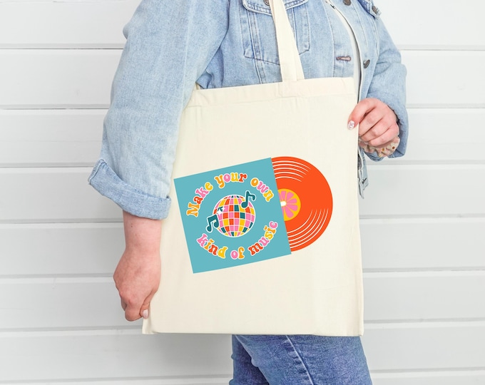 Make Your Own Kind of Music Tote Bag - retro vinyl record shopping bag, colourful record sleeve with disco ball design, be you, self-love