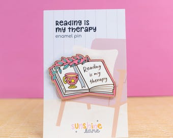 Reading Is My Therapy Enamel Pin - gold enamel pin with bookish quote, pink enamel pin, bookish gifts, books and tea pin, booktrovert pin