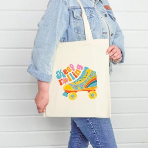 Keep Rolling Tote Bag - retro rollerskate shopping bag, colourful rollerskates with stripe & floral pattern, funky shopper, motivational