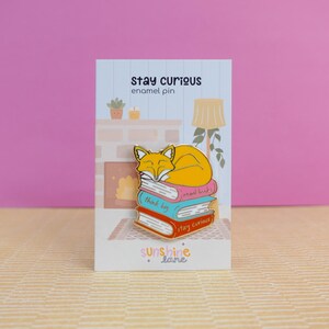 Stay Curious Maple the Fox Enamel Pin - bookish enamel pin, letterbox gift for readers, bookstack pin, cosy fall pin, sleeping fox gift