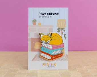 Stay Curious Maple the Fox Enamel Pin - bookish enamel pin, letterbox gift for readers, bookstack pin, cosy fall pin, sleeping fox gift